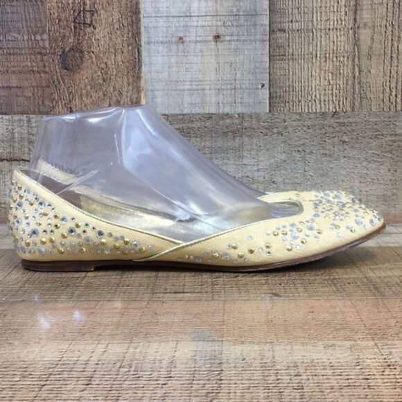 Valentino Garavani Ballet Flats Womens 38 Gold Canvas Crystals Slip On Shoes - Picture 1 of 13